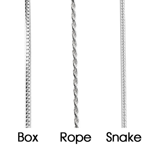 Sterling Silver Chain Box, Snake, & Rope. Lengths 16"-30" (chains fit our pendants)