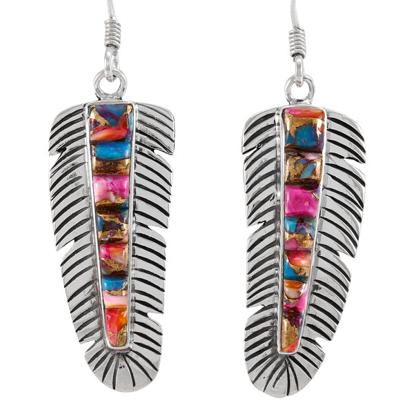 Rainbow Spiny Turquoise Feather Earrings Sterling Silver E1016-LG-C91