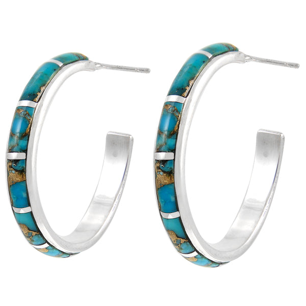 Sterling Silver Hoop Earrings Matrix Turquoise E1255-C84