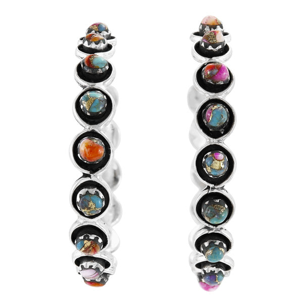 Large Rainbow Spiny Turquoise Hoop Earrings Sterling Silver E1452-C91