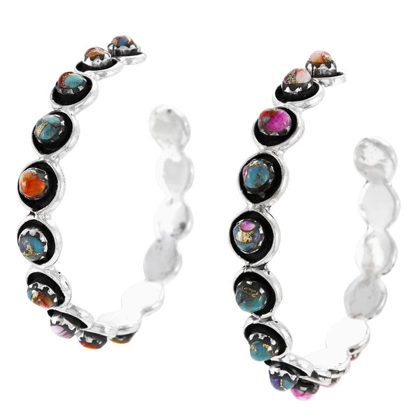 Large Rainbow Spiny Turquoise Hoop Earrings Sterling Silver E1452-C91