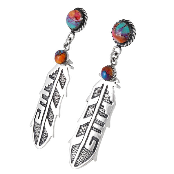 Rainbow Spiny Feather Turquoise Earrings Sterling Silver E1466-LG-C91