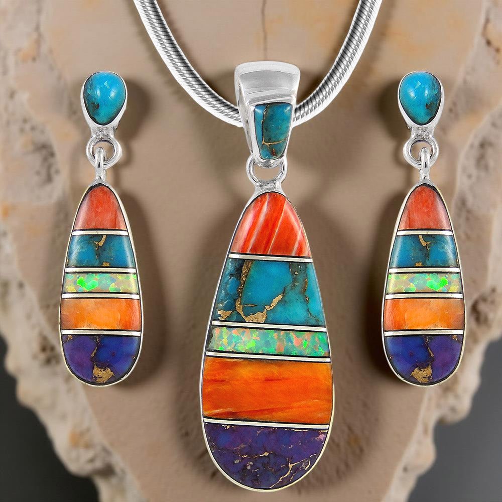 Sterling Silver Pendant & Earrings Set Multicolor PE4014-C00