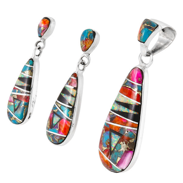 Rainbow Spiny Turquoise Pendant & Earrings Set Sterling Silver PE4014-C61