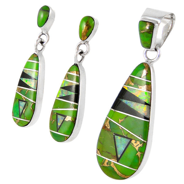 Sterling Silver Pendant & Earrings Set Green Turquoise PE4014-C22