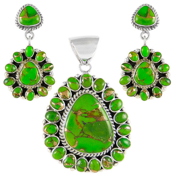 Green Turquoise Pendant & Earrings Set Sterling Silver PE4024-SM-C76