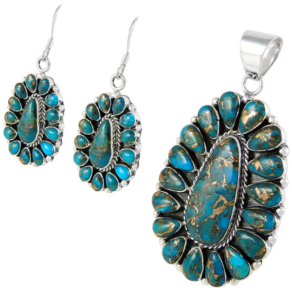 Sterling Silver Pendant & Earrings Set Matrix Turquoise PE4029-C84