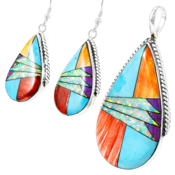 Multi-Gemstone Turquoise Pendant & Earrings Set Sterling Silver PE4054-C01