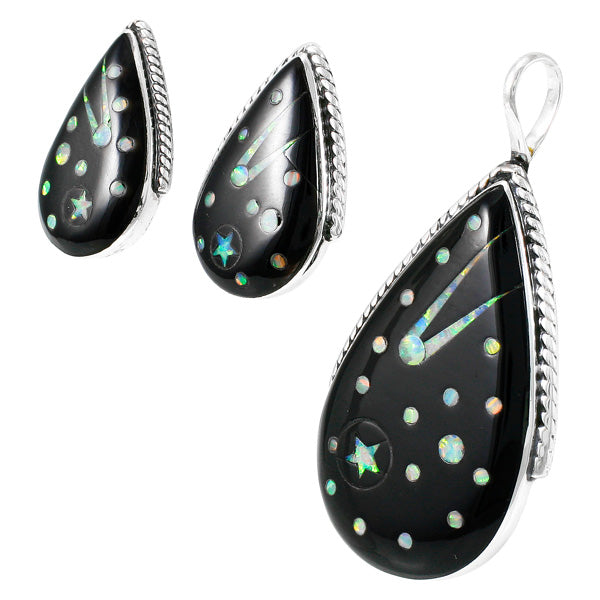 Black & Opal Shooting Stars Pendant & Earrings Set Sterling Silver PE4054-C27