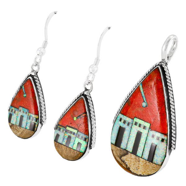 Pueblo Design Multi-Gemstone Coral Pendant & Earrings Set Sterling Silver PE4054-C42