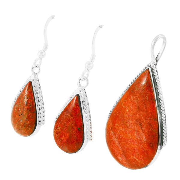Coral Pendant & Earrings Set Sterling Silver PE4054-C74