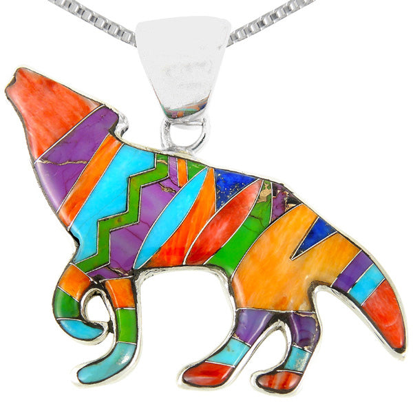 Sterling Silver Coyote Wolf Pendant Multicolor P3057-C01