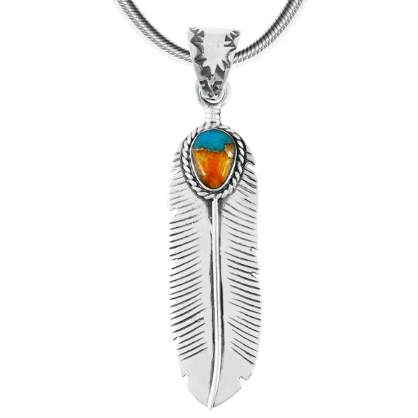 Sterling Silver Feather Pendant Spiny Turquoise P3190-SM-C89