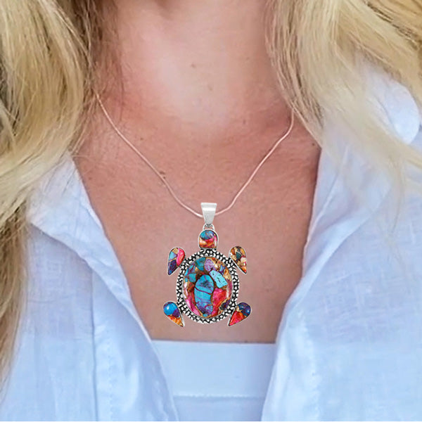 Turtle Pendant Rainbow Spiny Turquoise Sterling Silver P3321-C91