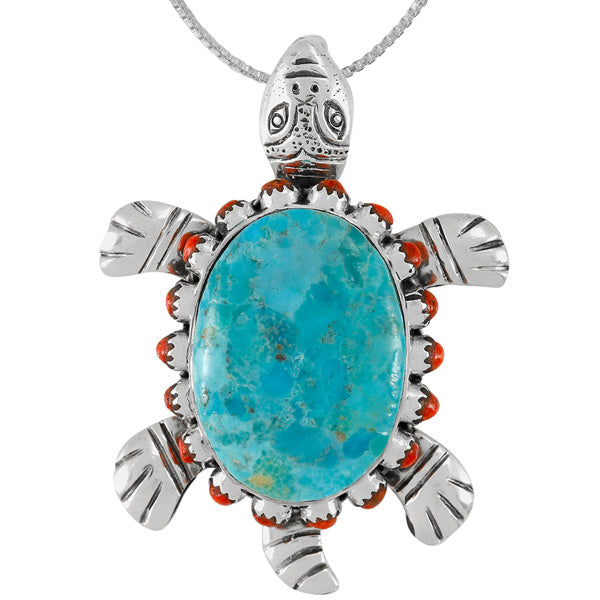 Turquoise & Coral Turtle Pendant Sterling Silver P3342-C85