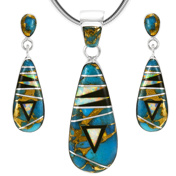 Matrix Turquoise Pendant & Earrings Set Sterling Silver PE4014-C24