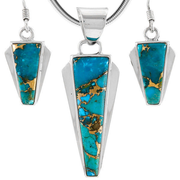Matrix Turquoise Pendant & Earrings Set Sterling Silver PE4033-C84B
