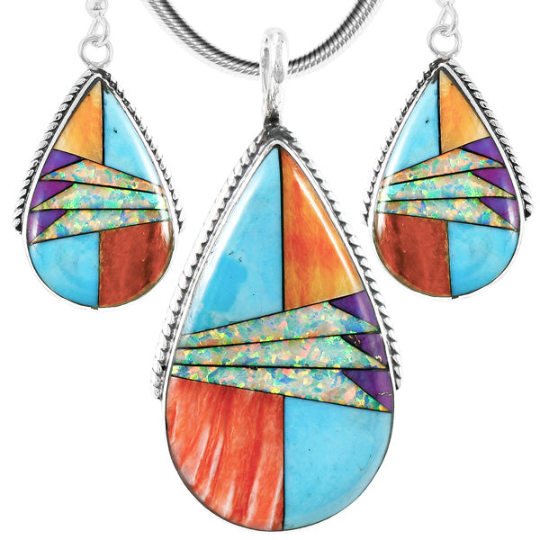 Multi-Gemstone Turquoise Pendant & Earrings Set Sterling Silver PE4054-C01