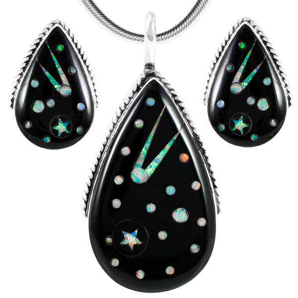 Black & Opal Shooting Stars Pendant & Earrings Set Sterling Silver PE4054-C27