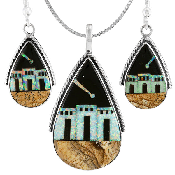 Pueblo Design Multi-Gemstone Turquoise Pendant & Earrings Set Sterling Silver PE4054-C41