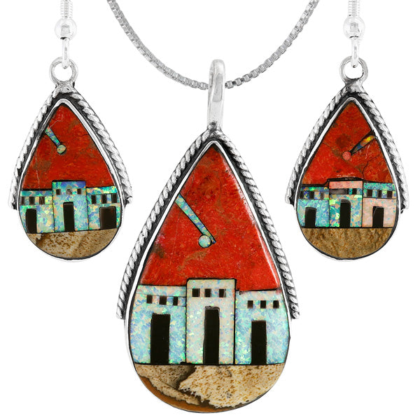 Pueblo Design Multi-Gemstone Coral Pendant & Earrings Set Sterling Silver PE4054-C42