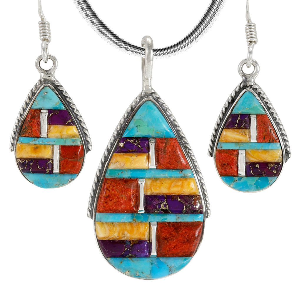 Multi Gemstones Pendant & Earrings Set Sterling Silver PE4054-C51