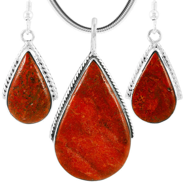 Coral Pendant & Earrings Set Sterling Silver PE4054-C74