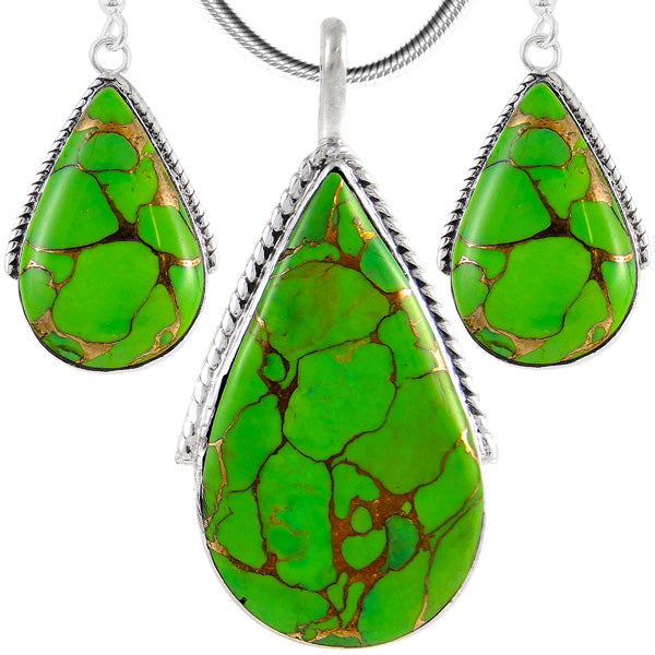 Sterling Silver Pendant & Earrings Set Green Turquoise PE4054-C76