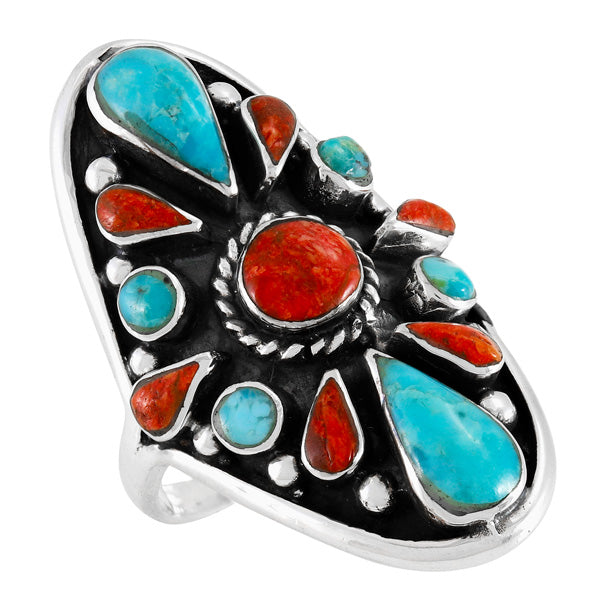 Turquoise & Coral Ring Sterling Silver R2034-C85