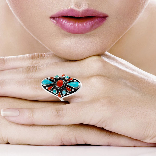Turquoise & Coral Ring Sterling Silver R2034-C85
