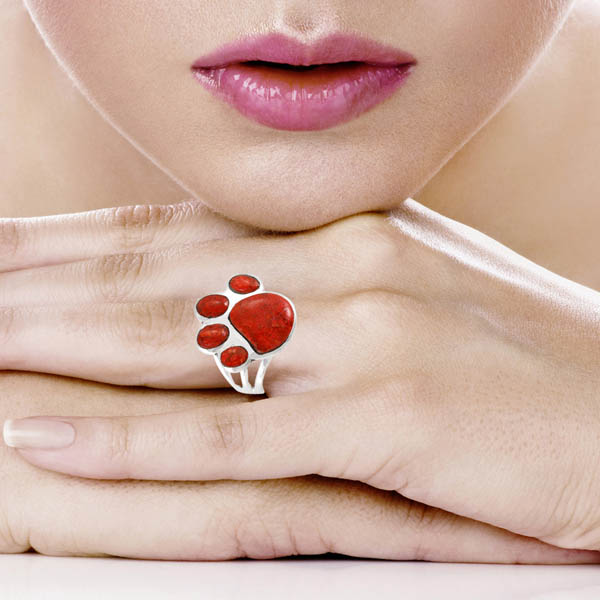 Paw Ring Sterling Silver Coral R2405-LG-C74 (Larger Version)