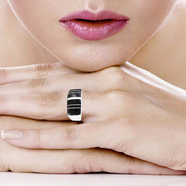 Black Shell Ring Sterling Silver R2570-C11 (Unisex, Sizes 6-13)