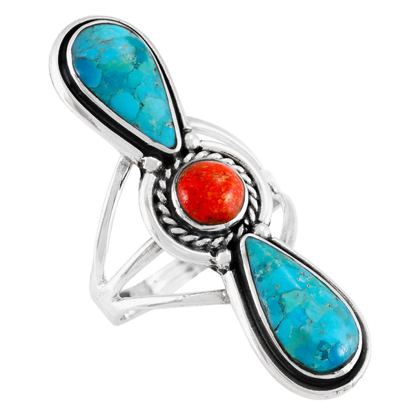 Turquoise & Coral Ring Sterling Silver R2616-C85