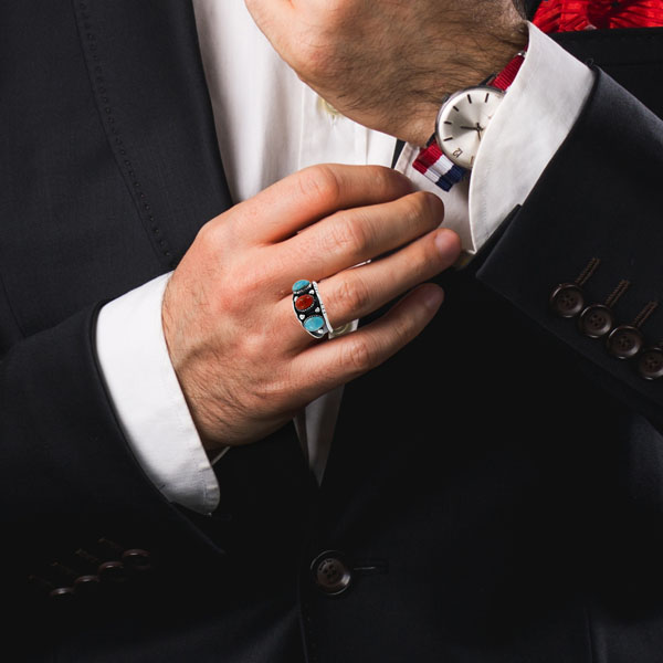 Turquoise & Coral Ring Sterling Silver R2635-C85 (Unisex, Sizes 6-14)