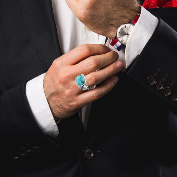 Men's Turquoise Ring Sterling Silver R2636-C75 (Sizes 9-14)