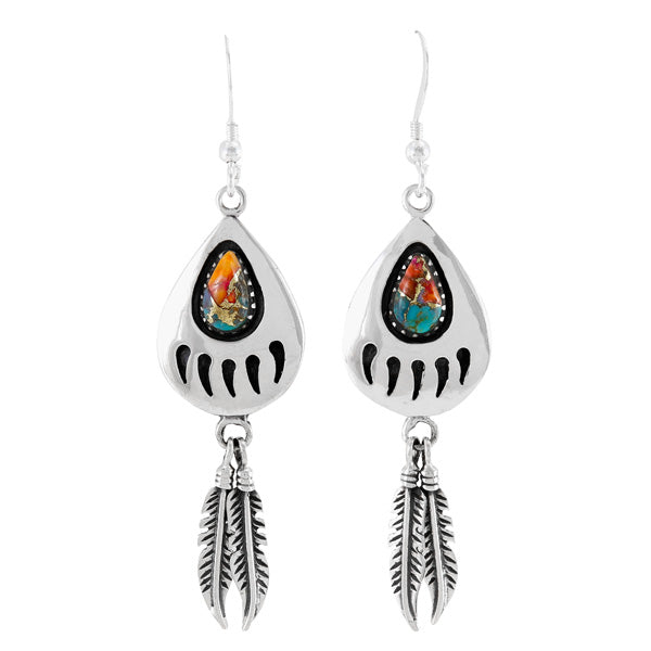 Rainbow Spiny Turquoise Bear Paw Feather Earrings Sterling Silver E1485-C91 (Size Options)