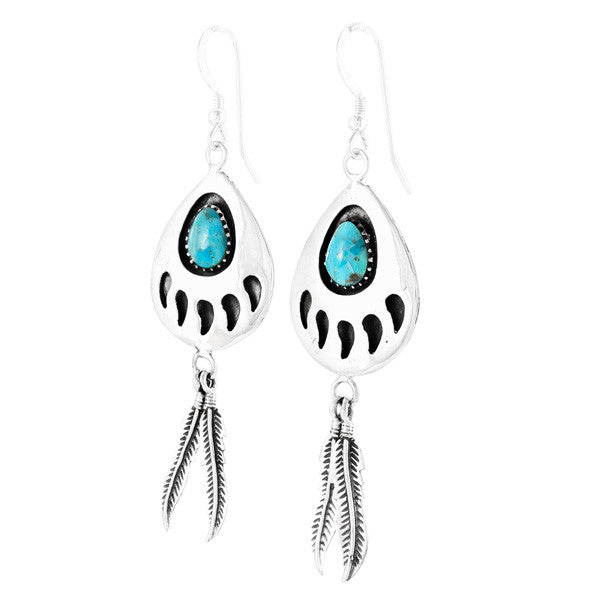 Turquoise Bear Paw Feather Earrings Sterling Silver E1485-C75 (Size Options)