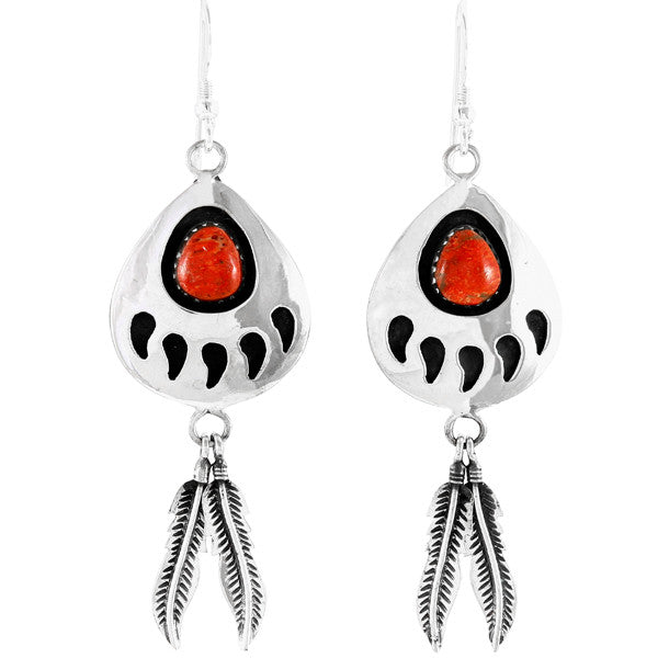 Coral Bear Paw Feather Earrings Sterling Silver E1485-C74 (Size Options)