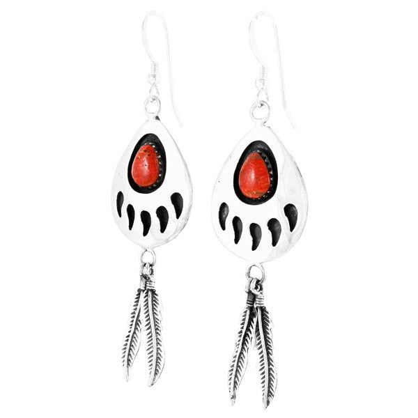 Coral Bear Paw Feather Earrings Sterling Silver E1485-C74 (Size Options)