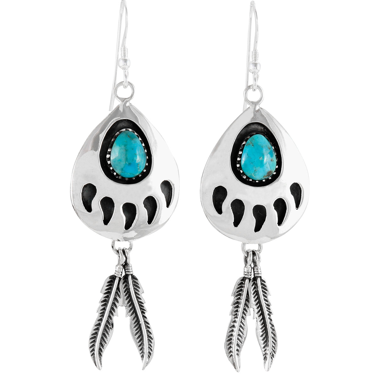 Turquoise Bear Paw Feather Earrings Sterling Silver E1485-C75 (Size Options)