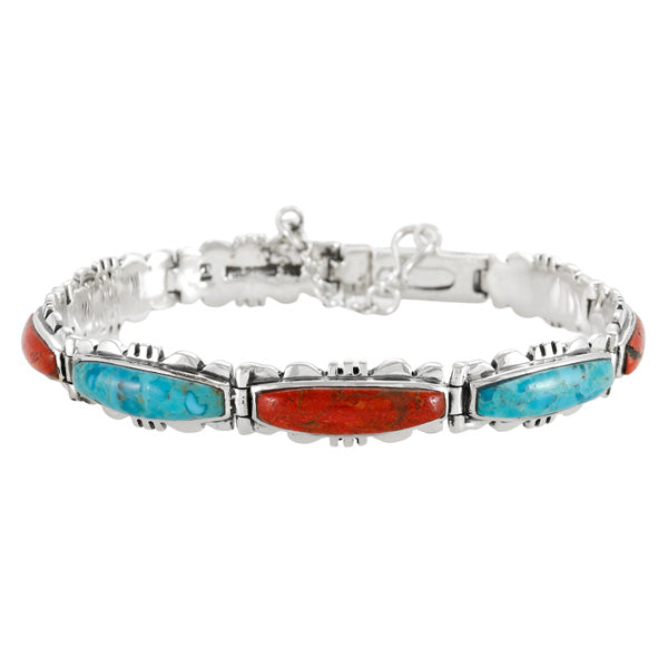 Turquoise & Coral Link Bracelet Sterling Silver B5516-C85