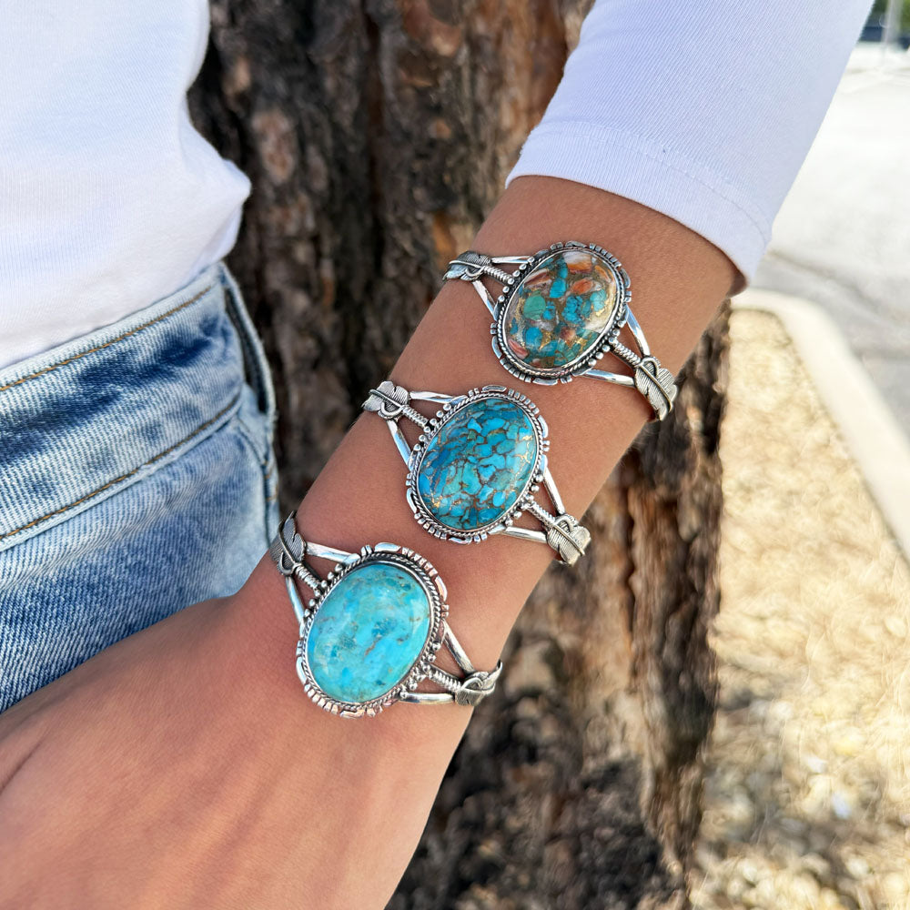 Rainbow Spiny Turquoise Feather Bracelet Sterling Silver B5550-C91