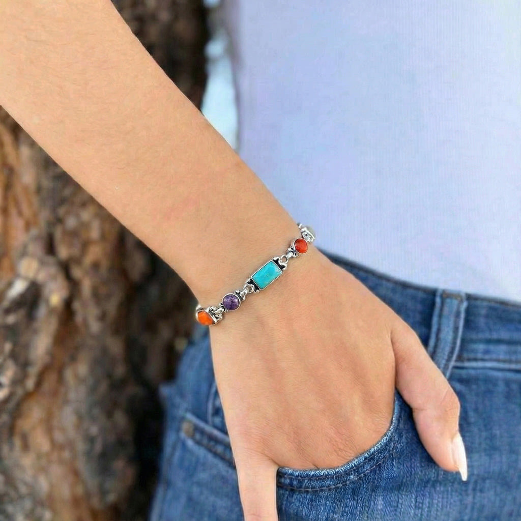 Multicolor Link Bracelet Sterling Silver B5553-C71