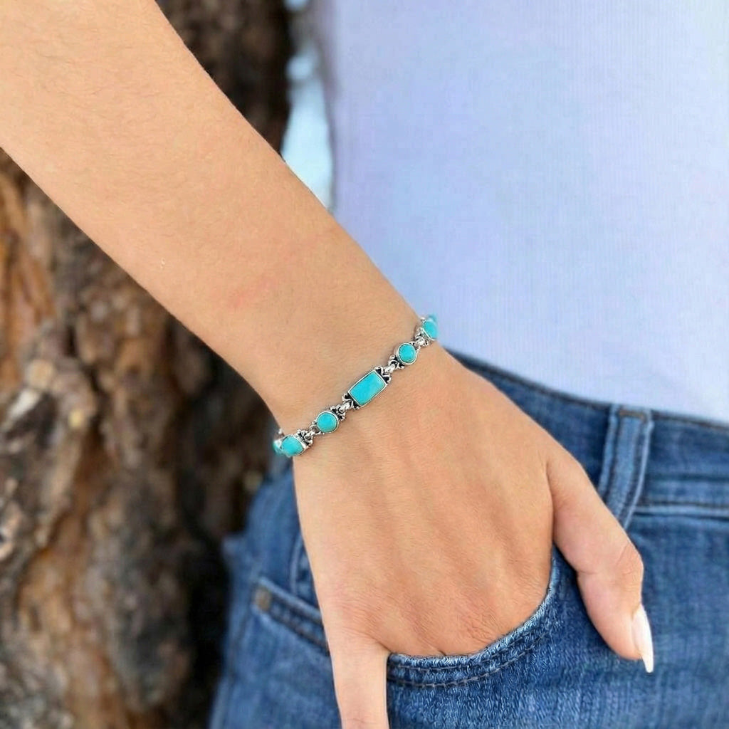 Turquoise Link Bracelet Sterling Silver B5553-C75