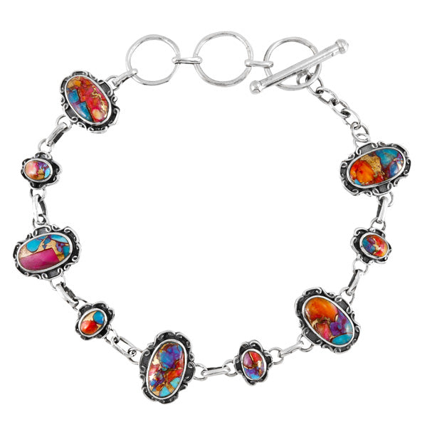 Rainbow Spiny Turquoise Link Bracelet Sterling Silver B5560-C91