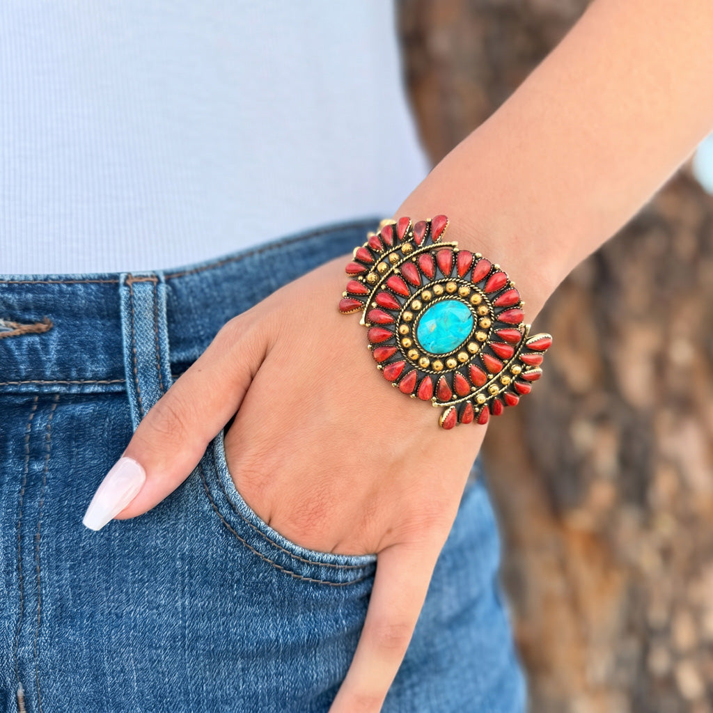 Turquoise & Coral Bracelet GoldCopper B5603-GB-C72