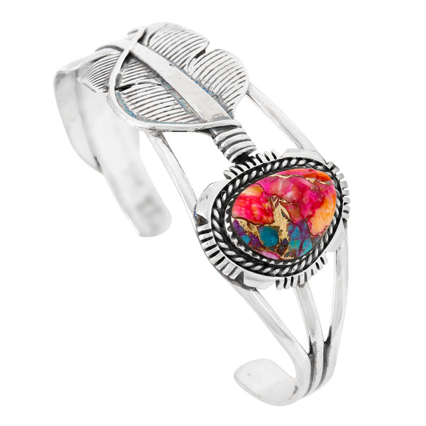 Rainbow Spiny Turquoise Feather Bracelet Sterling Silver B5618-C91