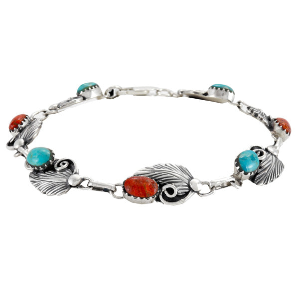 Turquoise & Coral Link Bracelet Sterling Silver B5639-C85