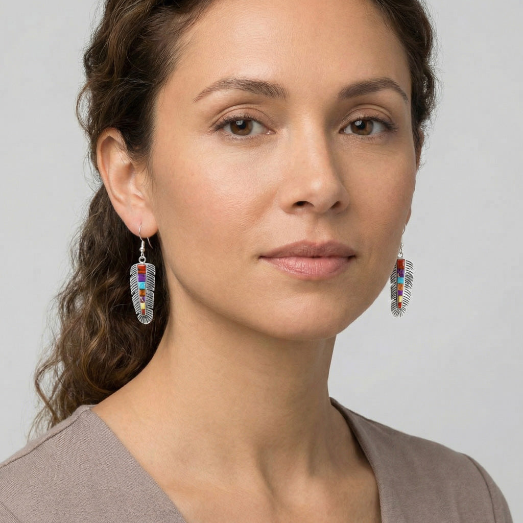 Feather Multi Gemstone Earrings SilveryCopper™ E1016-LG-SB-C71 (Larger Version)