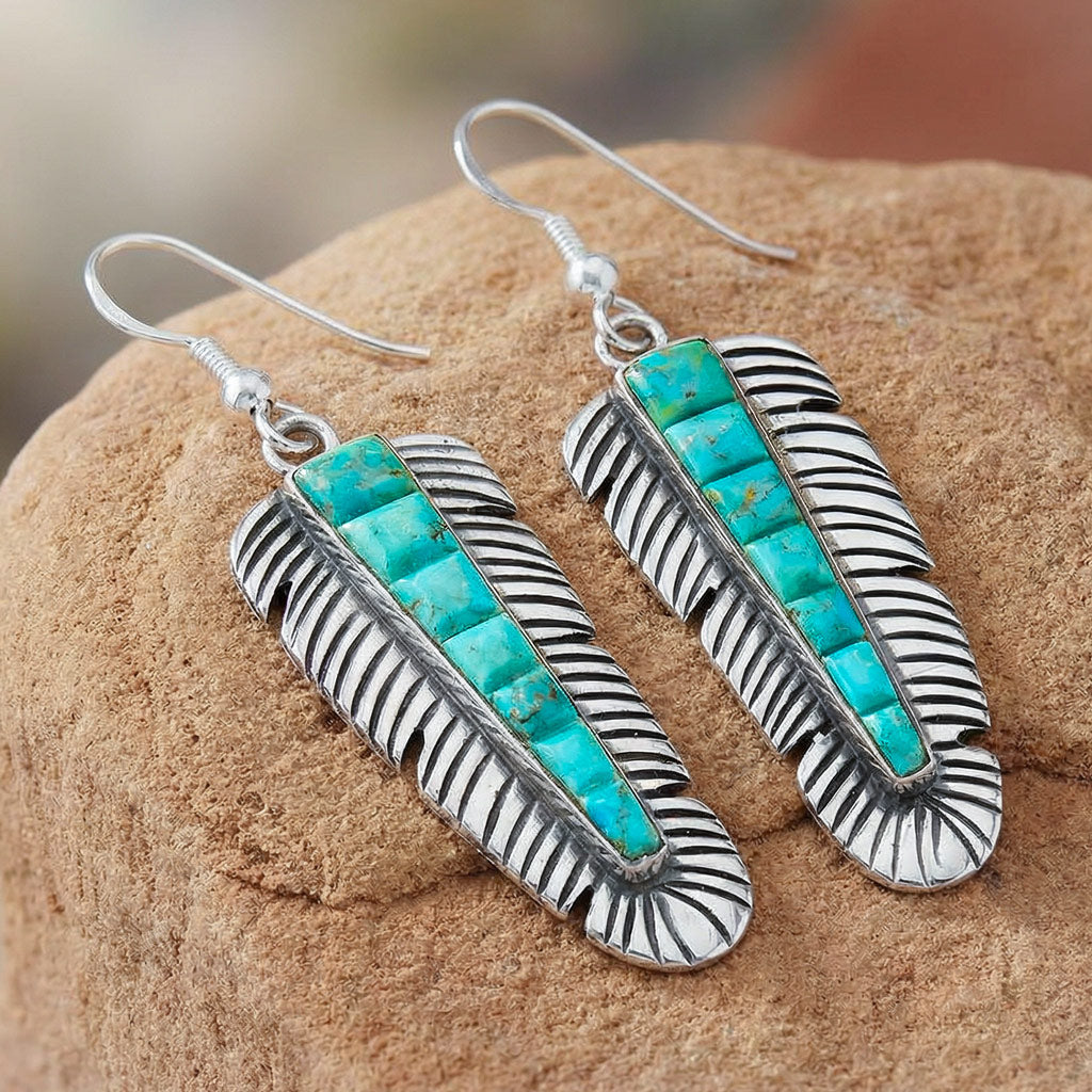 Turquoise Feather Earrings Sterling Silver E1016-LG-C75 (Larger Version)